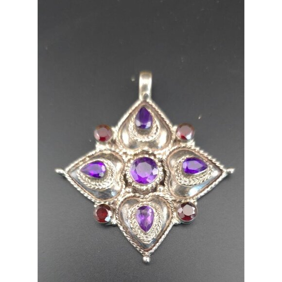 Vintage 925 Sterling Silver Pendant Amethyst & Garnet Stones Intricate Design - Picture 3 of 12